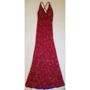 Scala Beaded & Sequin Red Halter Gown